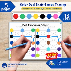 Juego de ingenio con dos manos y temática de colores para niños. Actividad de terapia ocupacional bilateral / Gimnasia cerebral / Hojas de trabajo de motricidad fina y reconocimiento de colores / Tamaño carta (EE. UU.)