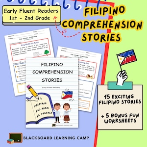 May include: A colourful illustration of a book cover for Filipino comprehension stories for early fluent readers. The cover features a blue, red and white flag, two children smiling, and the text "Filipino Comprehension Stories: Early Fluent Readers". The text "Masayang Pag-Aaral ng Pagbasa" is also visible on the cover. The book cover is surrounded by a white border.