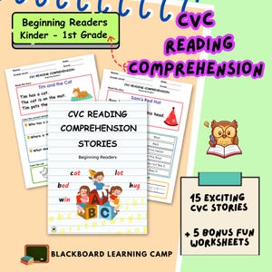 CVC Reading Comprehension Worksheets for Beginning Readers - Kindergarten & Grade 1, CVC Word Practice, Sight Words, Reading Fluency, Prints