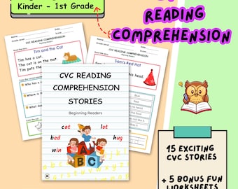 CVC Reading Comprehension Worksheets for Beginning Readers - Kindergarten & Grade 1, CVC Word Practice, Sight Words, Reading Fluency, Prints