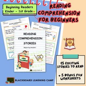 May include: A set of 15 reading comprehension stories for beginning readers, featuring an owl with a book and the text "Learn Fun Reading". The set also includes 5 bonus fun worksheets.