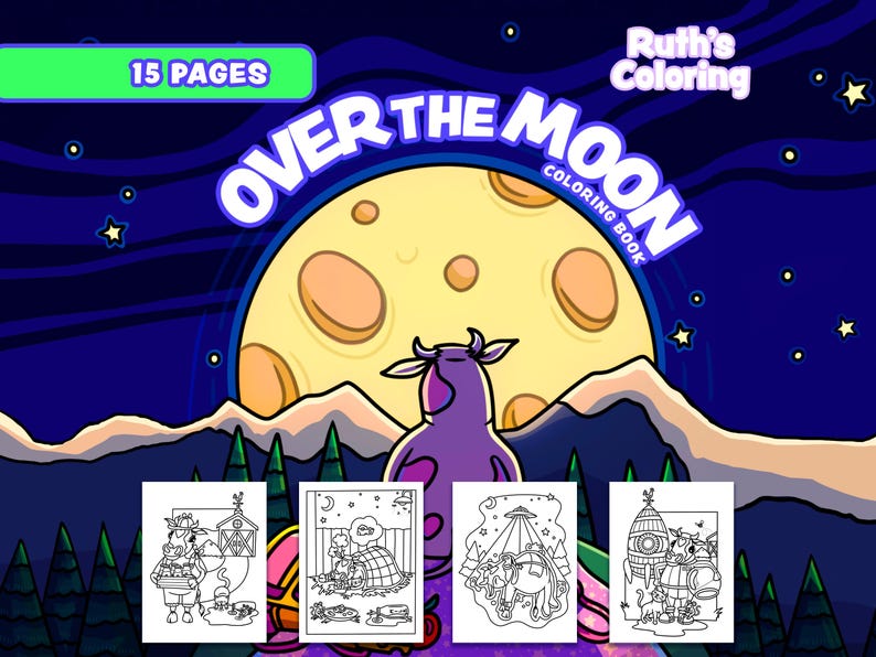 Over the Moon Coloring Pages, Digital Download, Printable Coloring ...