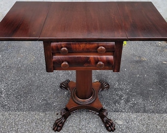 19 th c Mahogany Empire Drop Leaf Nightstand, End Table Hand Craved