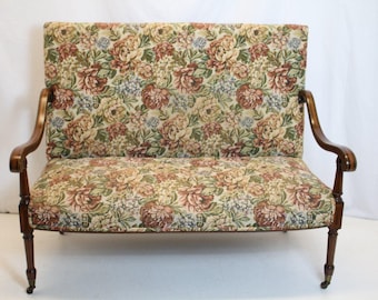 Outstanding French Louis XV Inlaid Loveseat Sofa w/High Back on Wheels, 19th