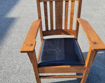 Antique Arts & Crafts Mission Oak Armchair - Refurbished with New Leather Seat.