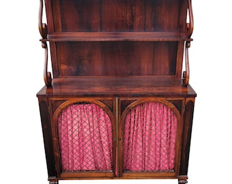 19th C English Regency Rosewood Cabinet Sideboard with Shelves & Brass Grille