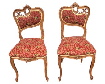 Antique French Louis XV Style Walnut Chairs Pair Ornate Carved Red Upholstery