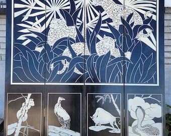 1960s Art Deco Style Room Divider Screen & Wildlife and Jungle Scene