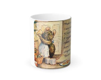 Cute Beatrix Potter mug, Color Morphing Mug, 11oz - Personalized Heat-Reactive Ceramic Cup, Black Exterior, White Interior