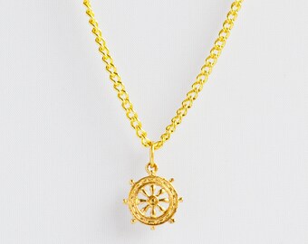Delicate minimal nautical gold ship wheel charm necklace
