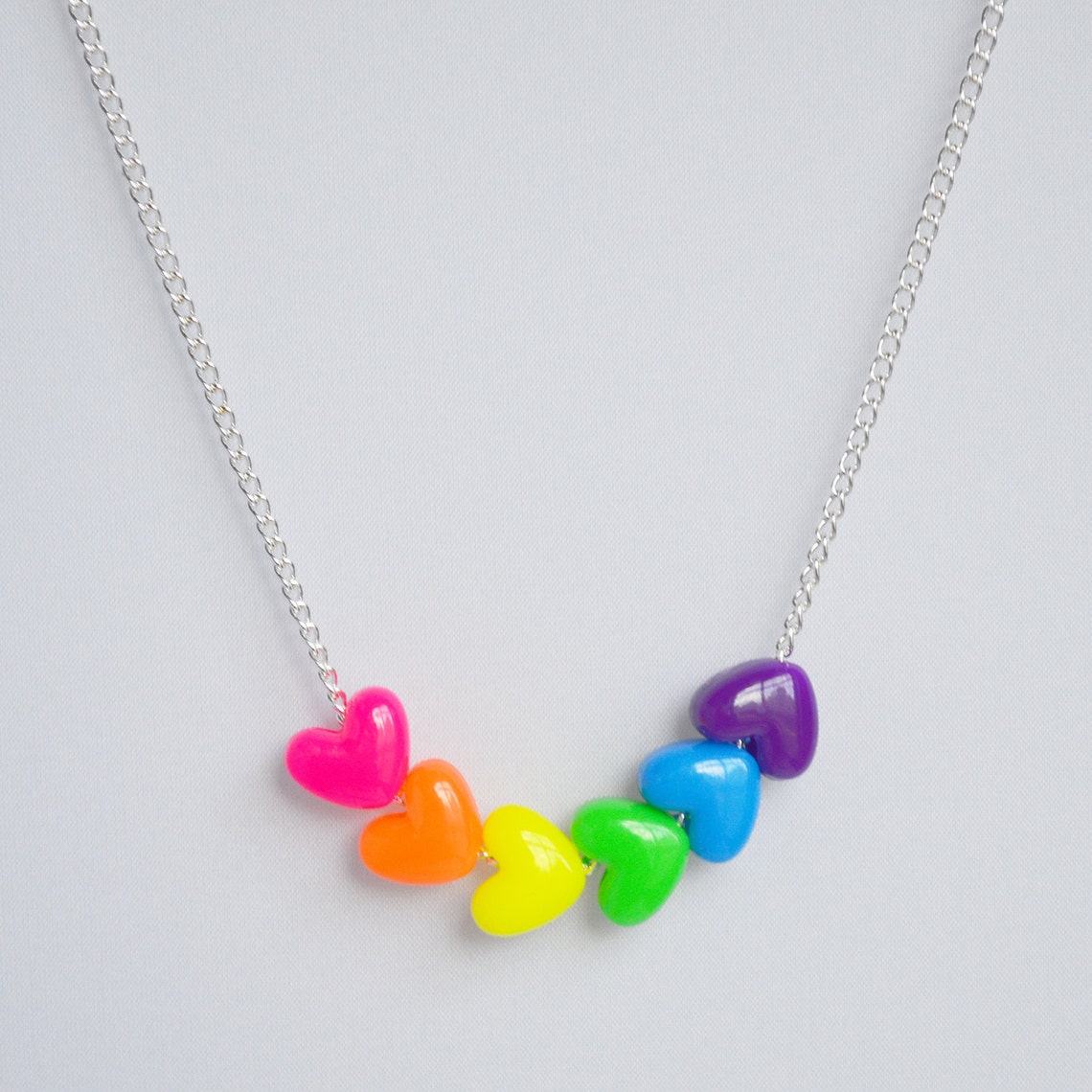 Neon Rainbow Heart Shaped Pony Bead Necklace on Silver Chain Etsy