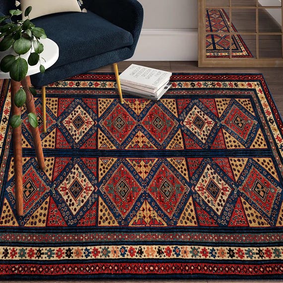 トルコの幾何学模様ラグ：マルチカラーのボヘミアンスタイルのコットン