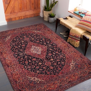 Alfombra roja de estilo vintage, alfombra de decoración del hogar boho, alfombras estéticas para sala de estar, alfombras de área, alfombra de corredor rojo, alfombra lavable a máquina, alfombra de dormitorio