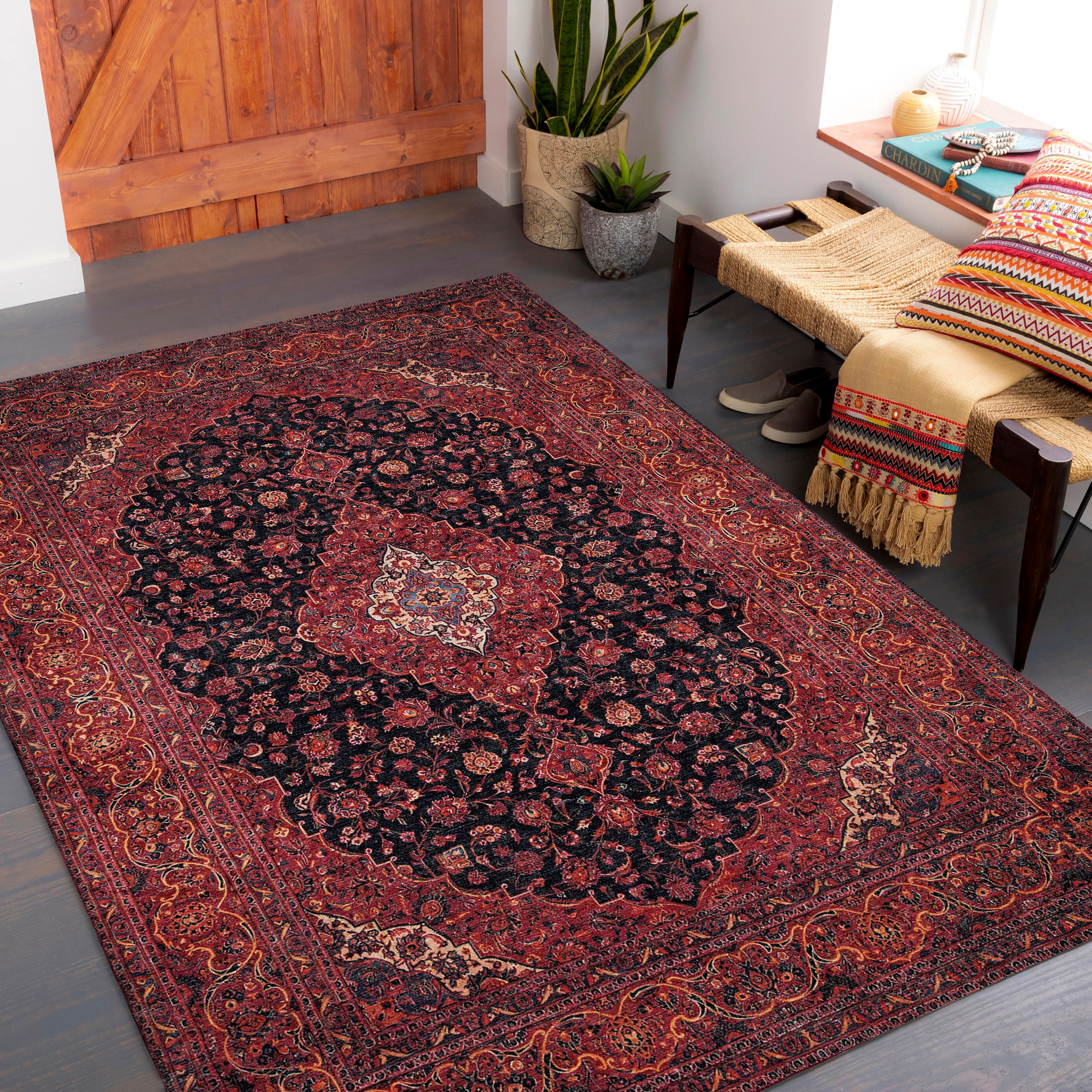 Red Abstract Boho Rug Red Vintage Style Rug: Boho Chenille Cotton Area Rug - Etsy