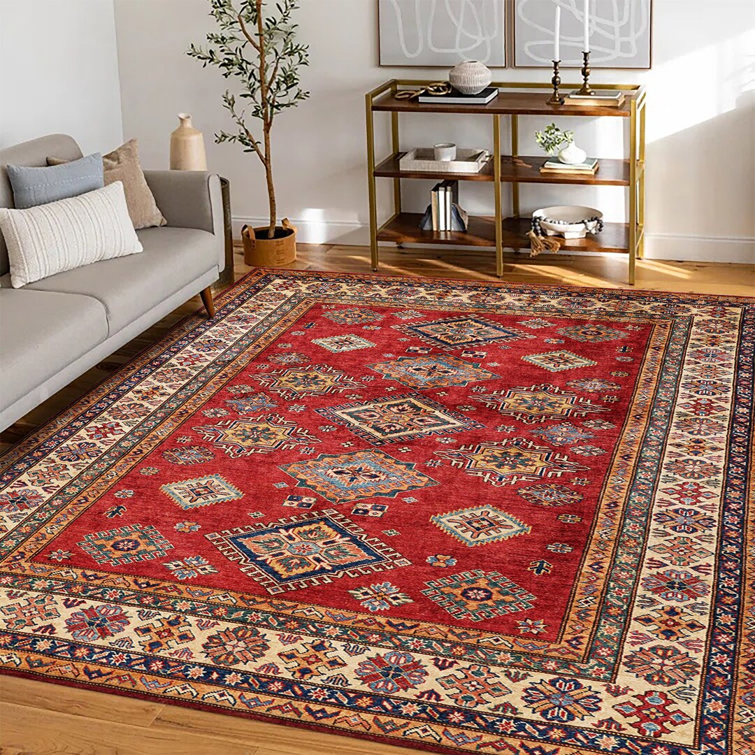 Red Geometric Tribal Rug: Vintage Style Cotton Chenille Area Rug - Etsy