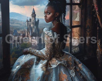 Könnte beinhalten: Eine Frau in einem blauen und goldenen Kleid sitzt an einem Fenster und blickt auf ein Schloss in der Ferne. Das Schloss ist von Bäumen und einem bewölkten Himmel umgeben.