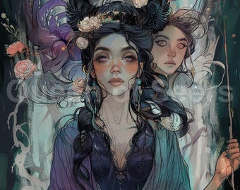 Two Heads Witchy Art Pagan Art Moon Art Witch Aesthetic Halloween Art Occult Art Gothic Art Fantasy Art Spiritual Art Wiccan Art WO 17