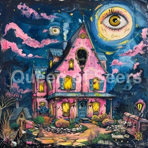 May include: A pink house with a large eye in the moon above it. The house has a porch and a blue door. The house is surrounded by trees and bushes. The sky is dark blue with pink clouds.