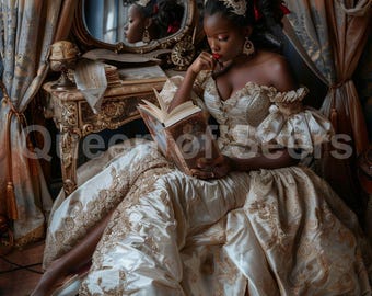 May include: A woman in a cream-colored, ornate gown with gold embroidery, reading a book. The image features a vintage aesthetic with a mirror, antique desk, and draped curtains. The text "Queen of Sears" is visible.