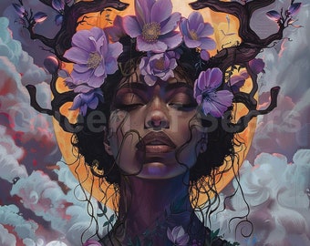 Witchy Art Flower Art Moon Art Witch Aesthetic Halloween Art Occult Art Gothic Art Fantasy Art Spiritual Art Pagan Art Wiccan Black Art WO 1