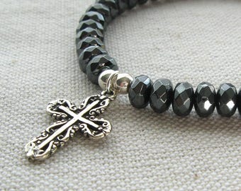 Hematite Beaded Bracelet, Beaded Stretch Bracelet, Silver Cross Charm Bracelet, Christian Jewelry for Women, Cross Jewelry