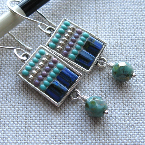 Blue Beaded Mosaic Earrings, Tila Bead Earrings, Beaded Dangle Earrings, Mosaic Jewelry, Mini Mosaic, Wearable Mosaic Art