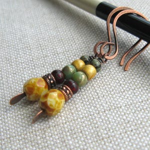 Yellow Czech Glass and Copper Earrings, Rustic Multi Color Earrings, Petite Dangle Earrings, Gift for Her