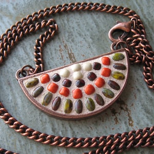 Beaded Mosaic Pendant Necklace, Wearable Mosaic Art, Antiqued Copper Necklace, Mosaic Jewelry, Earth Tone Jewelry, Half Circle Pendant