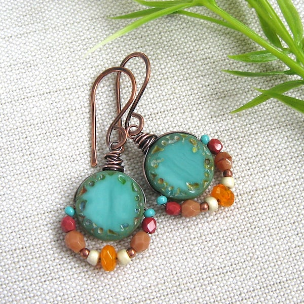 Aqua Glass Coin Earrings, Multi Color Earrings, Czech Glass Earrings, Antiqued Copper Earrings, Summer Jewelry, Colorful Earrings