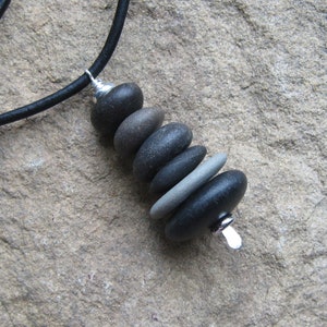 Lake Stone Cairn Pendant Necklace, Natural Stone Pendant, Stack of Beach Stones on Leather Cord, Lake Erie Stone Jewelry