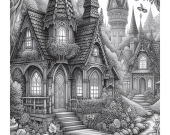Fairy Houses Grayscale Coloring Pages for Adults (Printable PDF