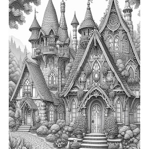 以下が含まれることがあります： 塔、複数の窓、そして正面玄関に通じる石畳の道がある、幻想的なおとぎ話風の家の白黒のイラストです。