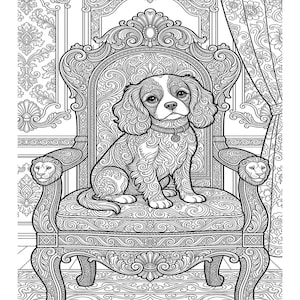 May include: A black and white colouring page illustration featuring a spaniel dog sitting on an ornate, highly detailed armchair. The dog and chair are covered in intricate swirling patterns, with lion head carvings on the armrests and floral wallpaper.