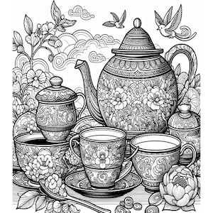 Puede incluir: Una ilustración en blanco y negro de un juego de té con una tetera, un azucarero y cuatro tazas y platillos de té. El juego de té está decorado con intrincados patrones florales y remolinos. La ilustración incluye pájaros y nubes en el fondo.