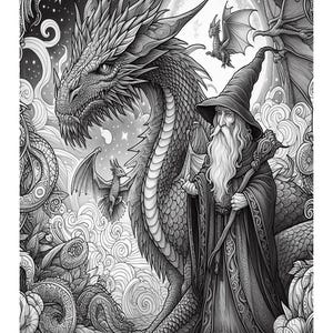 May include: A black and white illustration of a wizard with a long white beard and a pointed hat standing next to a large dragon. The wizard is holding a staff and the dragon has its wings spread out. The background is a starry night sky with a full moon.