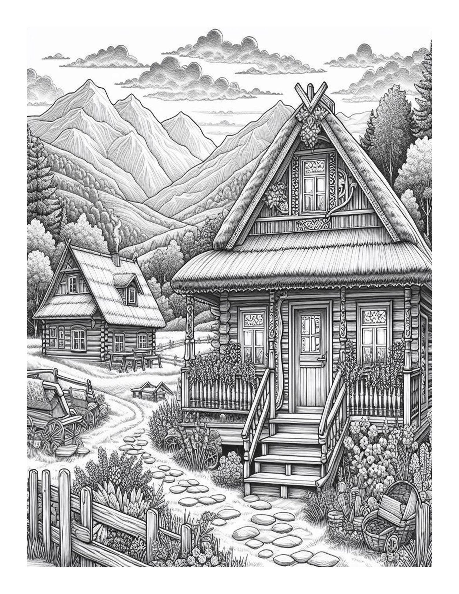 Country Cabins Coloring Pages for Adults: Grayscale Printable (25 Pages ...