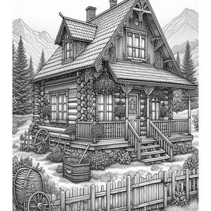 May include: A black and white illustration of a detailed, intricately carved wooden cabin with a porch, a fence, and a wheelbarrow in the front yard. The cabin is surrounded by trees and mountains.