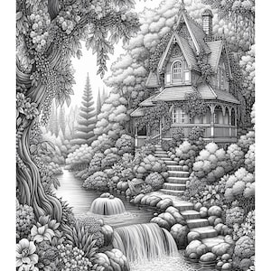 May include: A black and white illustration of a cottage nestled in a lush forest setting. A winding stream flows through the scene, cascading over rocks and creating a small waterfall. The cottage has a whimsical design with intricate details and is surrounded by trees and foliage.