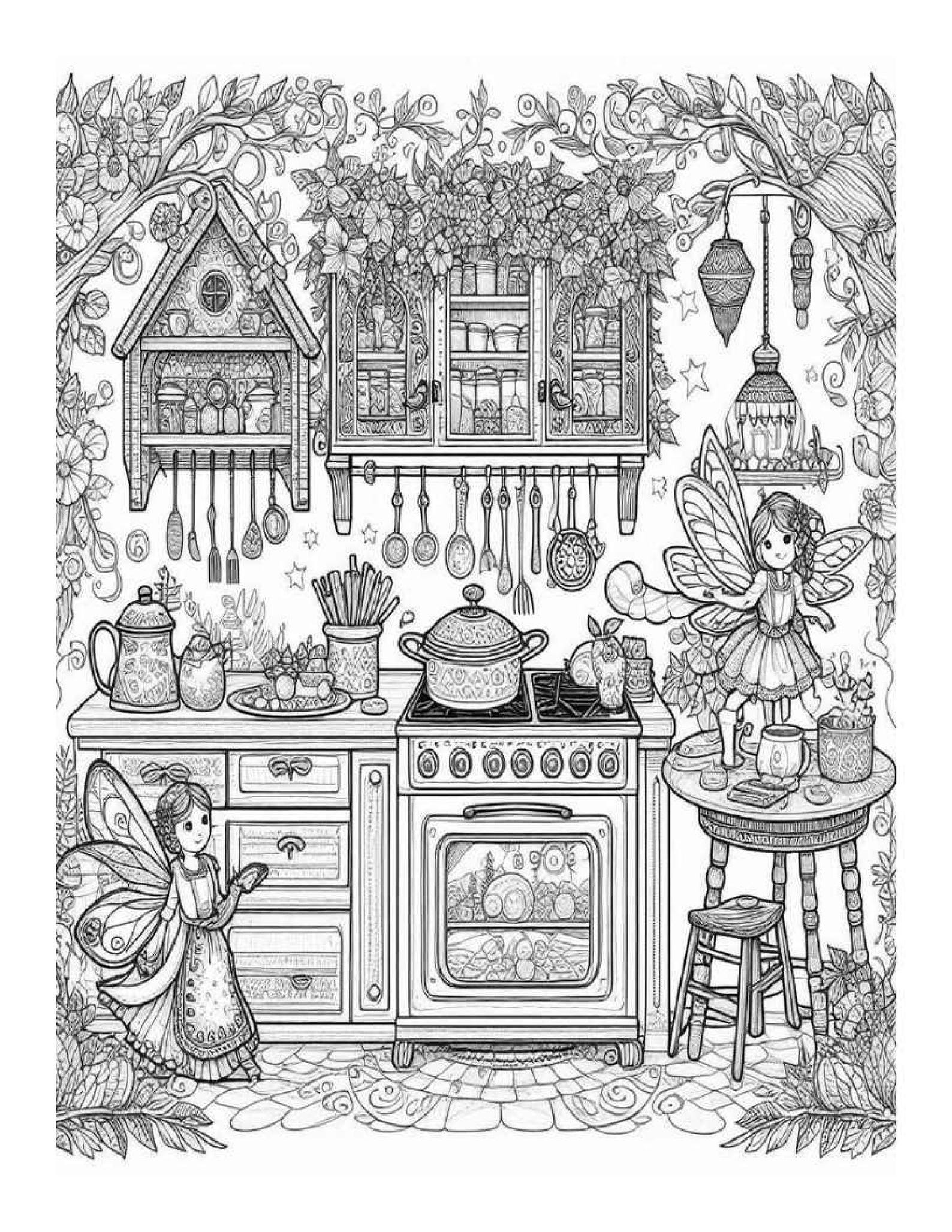 Fairy Kitchen Coloring Pages for Adults: 25 Printable Designs (digital ...