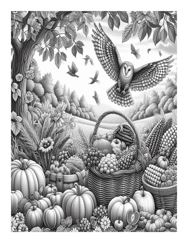 Autumn Harvest Grayscale Coloring Pages for Adults (printable PDF - Etsy
