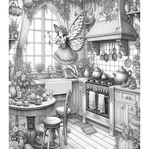 May include: Black and white illustration of a fairy in a kitchen. The fairy has large wings and is holding a string of objects. The kitchen has a stove, table, and window. Floral decorations adorn the room.
