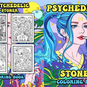 Może przedstawiać: Książka do kolorowania Psychedelic Stoner z kolorową ilustracją kobiety z niebieskimi włosami palącej jointa. Książka zawiera cztery czarno-białe strony do kolorowania z psychodelicznymi wzorami.