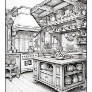 Coloriages de cuisines champêtres en niveaux de gris pour adultes (imprimables)