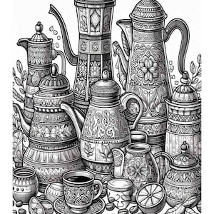 May include: A collection of intricately designed, black and white coffee pots and cups with floral patterns. The coffee pots have ornate handles and spouts. The cups have a saucer and are decorated with floral motifs. There are also lemons and coffee beans scattered around the coffee pots and cups.