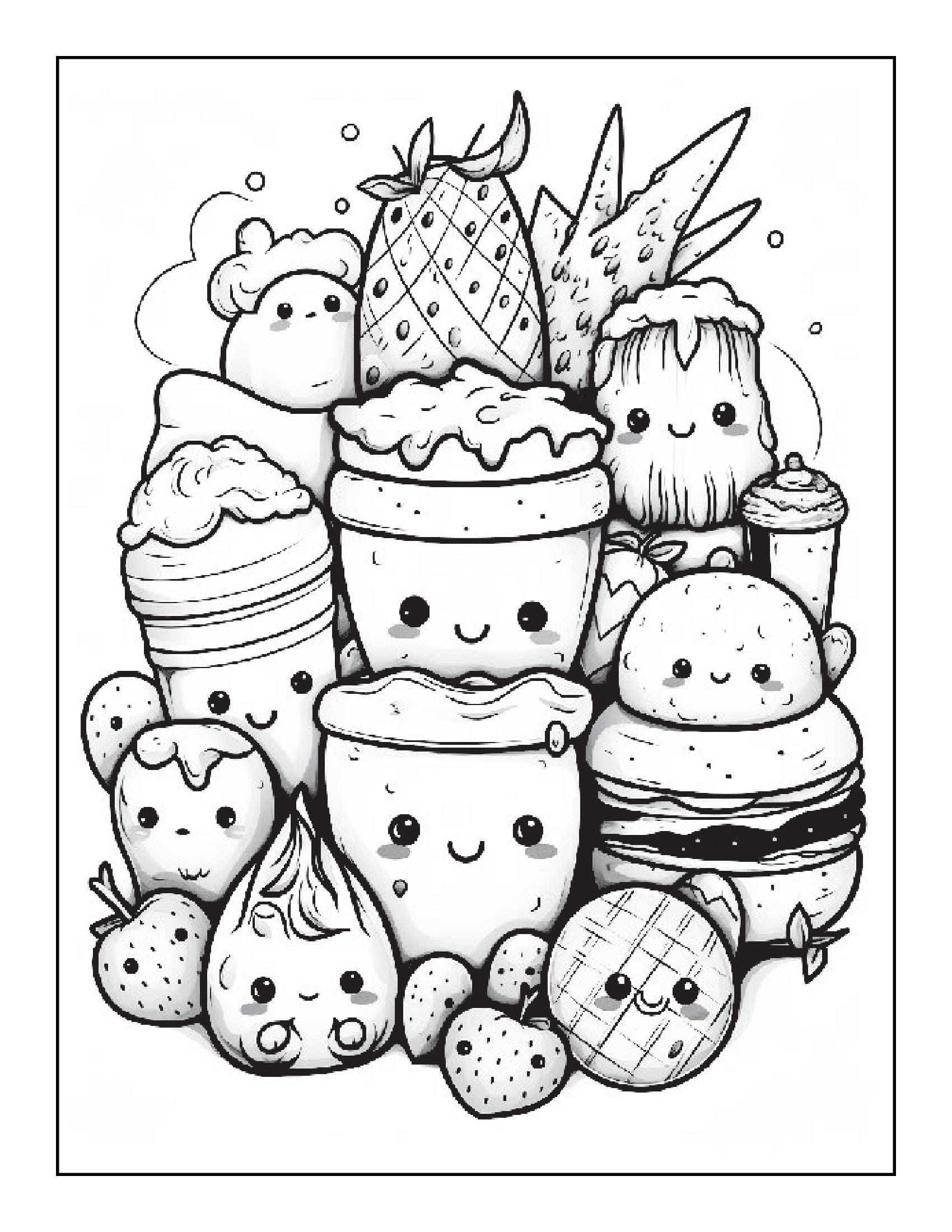 Kawaii Food Coloring Pages, 100 Page Adult Coloring Book (instant PDF ...