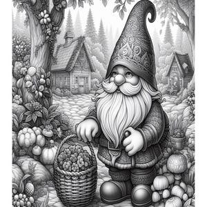 Peut inclure: Une illustration en noir et blanc d'un gnome portant un chapeau pointu avec des motifs complexes, tenant un panier rempli de baies. Le gnome se tient sur un chemin dans un décor de forêt avec un petit chalet en arrière-plan.