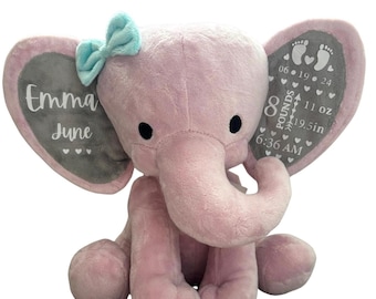 Birth Announcement Gift for Baby, Elephant Stuffed Animal Personalized Name Newborn Gift, Baby Keepsake with Birth Stats