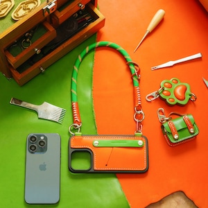 NeedleCross, stile arancione, custodia personalizzata fatta a mano per iPhone 15 14 13 12 Mini Plus Pro Max, vera pelle, resistente alle cadute, slot per schede