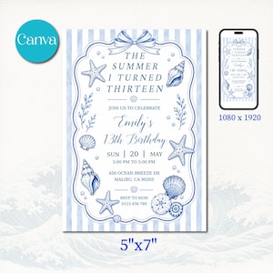 May include: A 5x7 inch birthday invitation template featuring blue and white vertical stripes, a decorative border with a bow, and illustrations of seashells and starfish. The text reads: The Summer I Turned Thirteen, Emily's 13th Birthday.