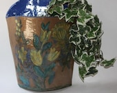 Wall Vase Planter in Stoneware and Lace Embossed with Leaves and Flowers